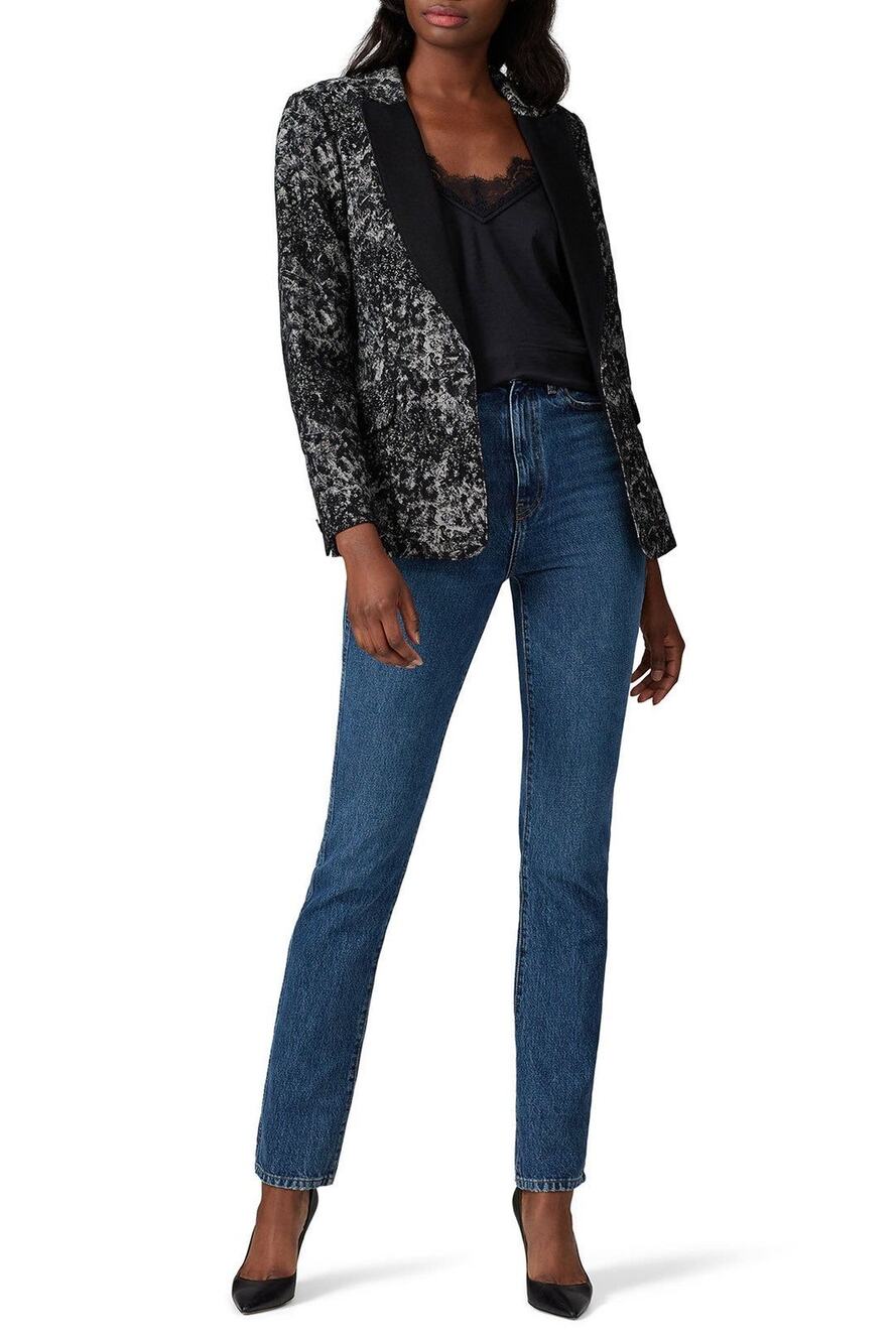 BADGLEY MISCHKA Grey Black Printed Floral 100% Cotton Fitted Charlie Blazer XL